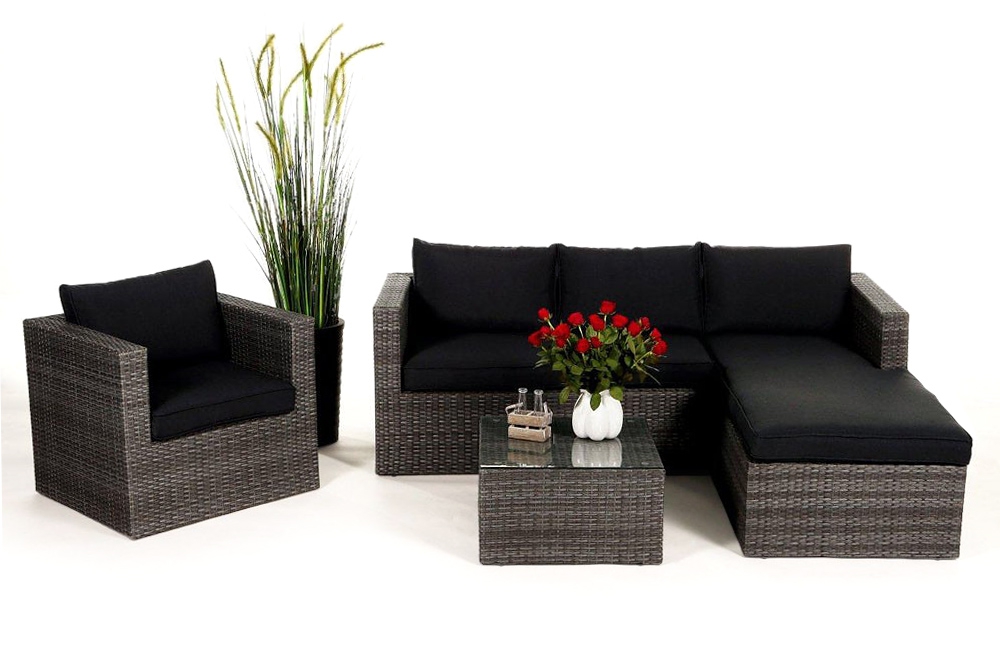 Rattan Lounge Galicia mit schwarzem Polsterbezug