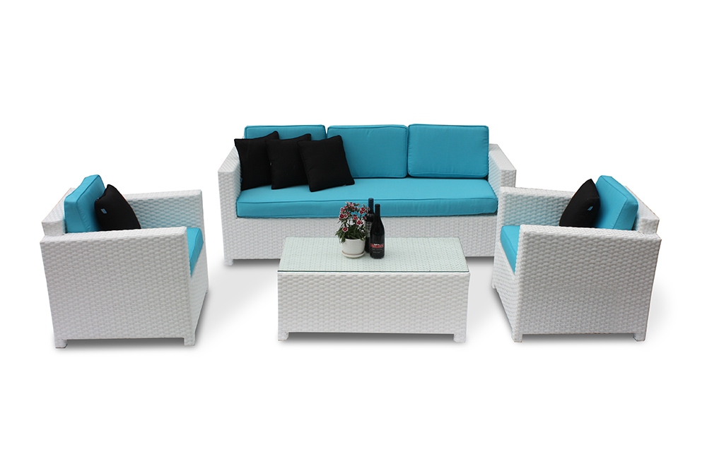 Summertime 3er rattan lounge weiss polsterbezug türkis