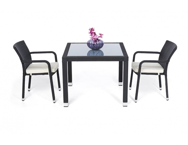 Rattan Tisch Florida mit Milchglas 90cm black