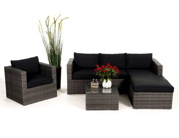 Rattan Lounge Galicia mit schwarzem Polsterbezug