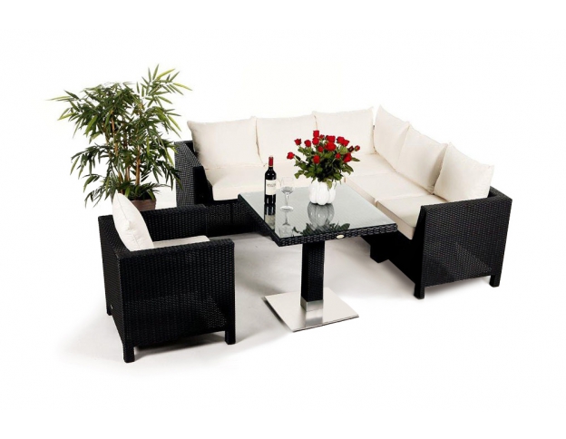 Rattan Lounge Dining Gaia schwarz, Polsterbezug beige