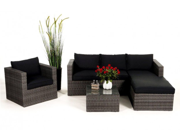 Rattan Lounge Galicia mit schwarzem Polsterbezug
